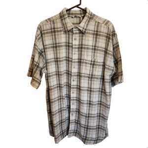IZOD Neutral Tan White Plaid Short Sleeved Collared Linen Blend Shirt Size X…